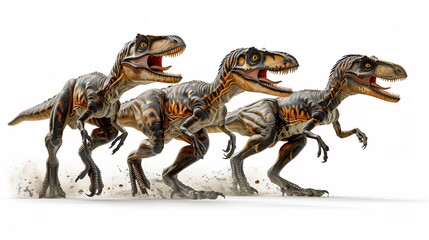 lifelike model of Velociraptors are running with a white background 