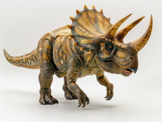 lifelike model of a Triceratops standing on a white background 