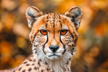 Fototapeta premium Majestic Cheetah Close up Portrait with Intense Gaze in Vibrant Autumn Environment