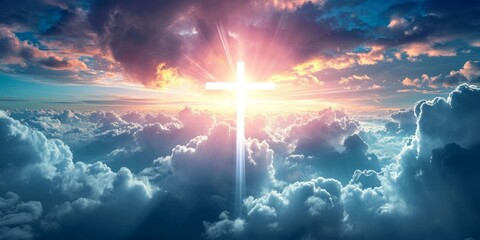Christian Easter concept with a radiant cross in the sky symbolizing faith in Jesus Christ salvation and eternal life, Generative AI 