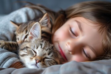 Peaceful Child Sleeping Snuggled with Tabby Cat on Bed, Comforting Companionship Between Kid and Pet, Cute Cozy Nap Time Concept, Serene Indoor Lifestyle Scene