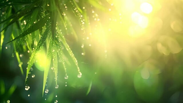 Close-up of water drops on green leaves with blurred background