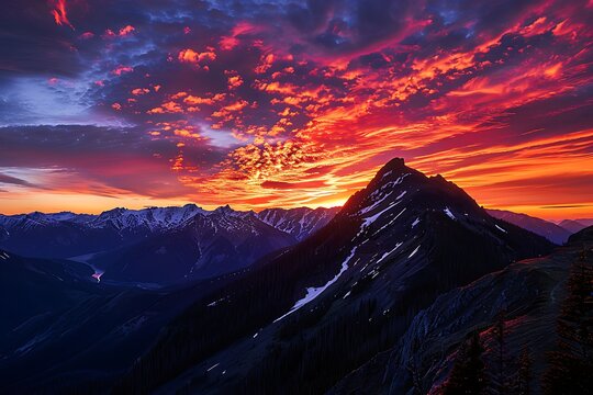 A rugged mountain ridge silhouetted against the fiery hues of a dramatic sunset sky.