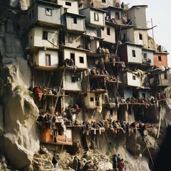 Fotobehang illustration of people on a steep mountainside cramped living quarte, Generative ai © aniartai