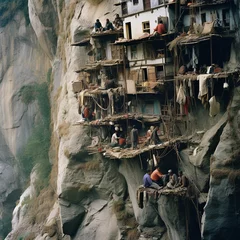 Fotobehang illustration of people on a steep mountainside cramped living quarte, Generative ai © aniartai