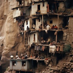 illustration of people on a steep mountainside cramped living quarte, Generative ai - obrazy, fototapety, plakaty