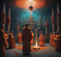 Buddhist monks in the ancient temple. 3D rendering. - obrazy, fototapety, plakaty