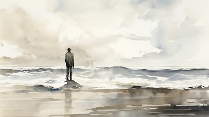 Solitary man contemplating the horizon on a watercolor beach - obrazy, fototapety, plakaty