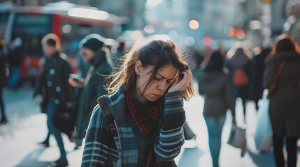 A young woman with a sad expression walks down a busy city street. Mental health. Panic attacks.
