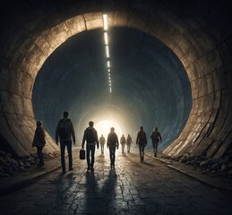 Conceptual image of people walking in tunnel. 3d rendering - obrazy, fototapety, plakaty