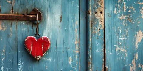 Papier Peint photo autocollant Vielles portes Valentine s Day concept background with a rustic heart hanging on an old blue door symbolizing home and love, Generative AI 