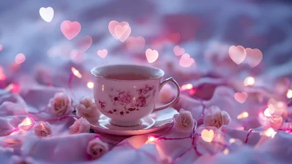 Fototapeten Edle antike Kaffeetasse romantisch mit Herzen und Blumen als Hintergrund im Lichter Bokeh zum Muttertag und Valentinstag, ai generativ © www.freund-foto.de