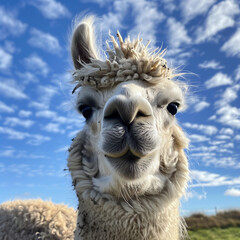 Fototapeta premium Close-up of a curious alpaca against the sky.