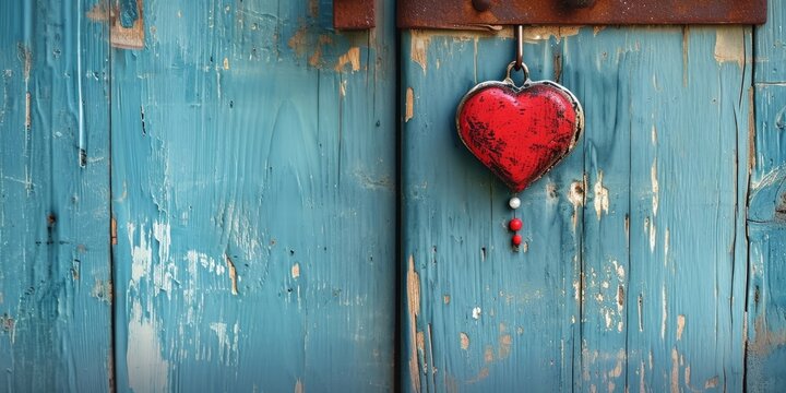 Valentine s Day concept background with a rustic heart hanging on an old blue door symbolizing home and love, Generative AI 