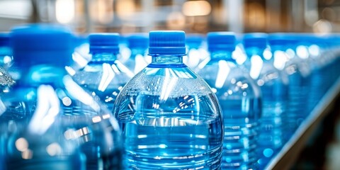 Preparing blue water and juice bottling factory for filling recycled PET plastic bottles, Generative AI 