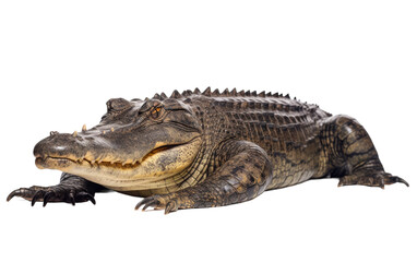 Naklejka premium A massive alligator sprawled on a white surface