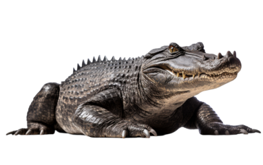 A large alligator calmly rests on a pristine white floor