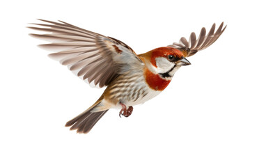 A small bird gracefully flies through the air, with its wings delicately spread open