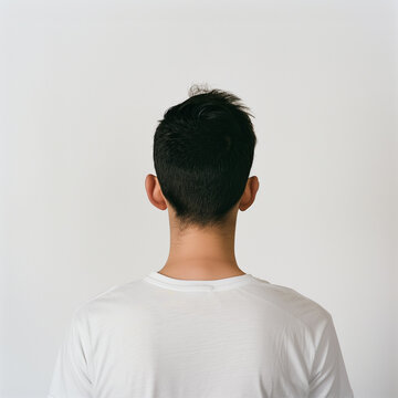 Rear view of a man in white t-shirt against a white background.