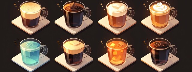 different types of coffee on dark background. relax, coffee break , morning breakfast and ritual concept. banner