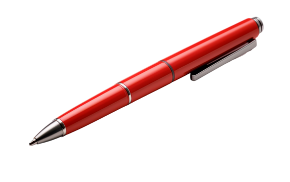 A vibrant red pen poised on a stark white surface