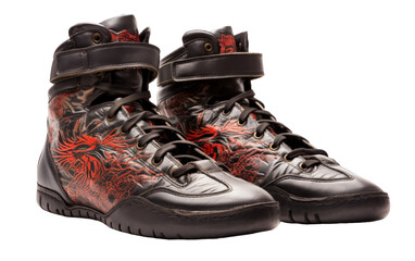 A pair of high top sneakers in black and red colors with contrasting patterns and textures