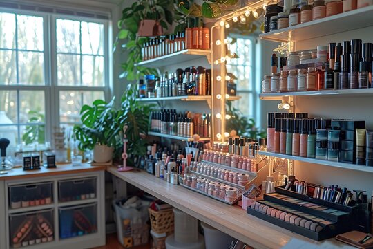 Beauty Blogger Makeup Organization A beauty blogger showcasing a well-organized makeup collection and storage