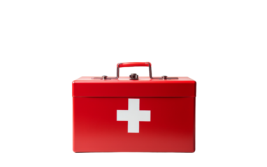 A red medical box with a bold white cross symbolizing emergency aid and healthcare supplies