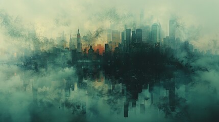 Evocative double exposure composition blending urban architecture with polluted skies, conveying a powerful message about the environmental challenges posed by global warming and pollution.