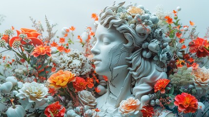 Fototapeta na wymiar Imaginative digital composition capturing the essence of life's endurance. Broken sculpture becomes intertwined with vibrant floral elements, evoking a sense of hope and freedom.