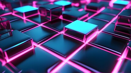 Neon Gridscape: Glowing 3D Abstract Background with Neon Grids - Hand Edited Generative AI