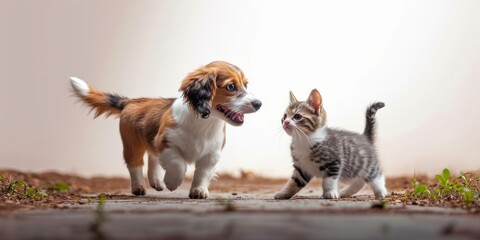 Small dog frolicking with small cat, Generative AI 