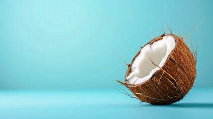 background with divided coconuts in closeup. Copy space and coconuts. Coconuts are flat.