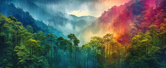 In the abstract landscape, the vibrant colors of the tropical forest were bathed in sunlight, creating a mesmerizing display of textures and light, while the sound of raindrops. Generative AI - obrazy, fototapety, plakaty