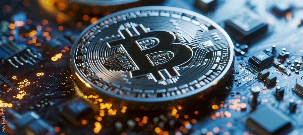 Aufkleber Bitcoin currency. Digital wireless cryptocurrency blockchain system.  Generative AI technology.