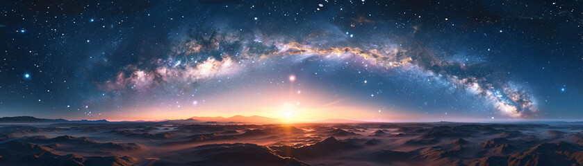 Event horizon silhouette, galaxy rise, dawn light, wide panorama, awe-inspiring scale - obrazy, fototapety, plakaty