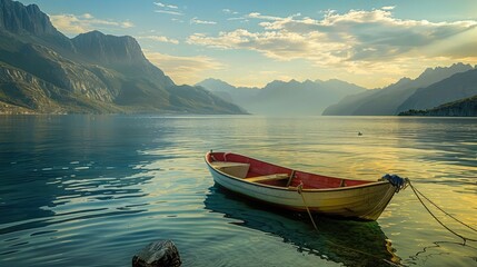 A small fishing boat anchored at a serene bay with a picturesque mountain backdrop. - obrazy, fototapety, plakaty