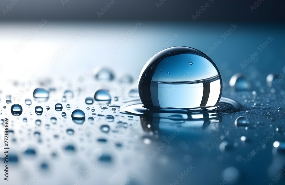 Poster Raindrops form a mesmerizing pattern on a blue background, creating an abstract