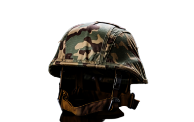 A helmet adorned with a camouflage pattern blending the wearer into their surroundings