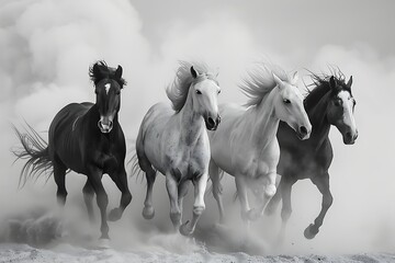 Black and white horses run in desert dust .