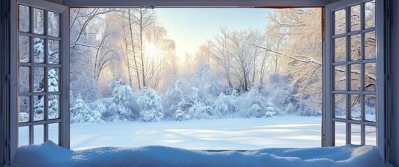 Snowy winter scene through a window, Generative AI 