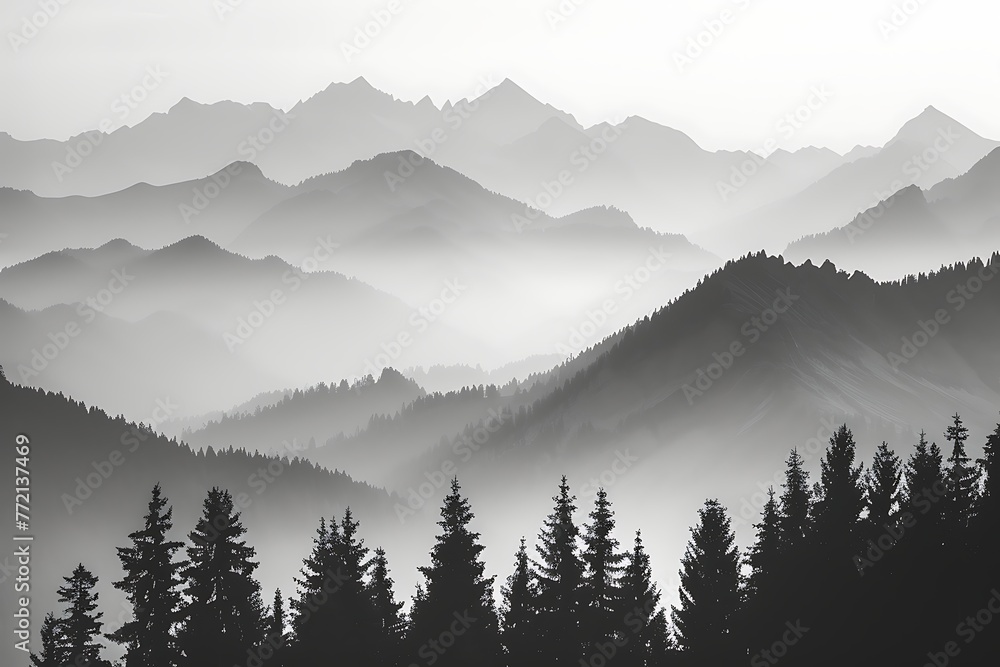 Wall mural black and white picture of mountains in morning with firs in foreground . - Wall murals