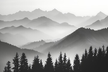 Black and white picture of mountains in morning with firs in foreground .