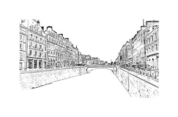 Print Building view with landmark of Rennes is the
City in France. Hand drawn sketch illustration in vector.