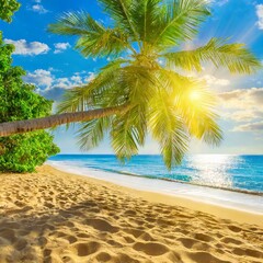 Tropical Bliss: Summer Landscape with Golden Sand Beach, Palm Trees, and Sunlight Rays"