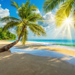 Tropical Bliss: Summer Landscape with Golden Sand Beach, Palm Trees, and Sunlight Rays