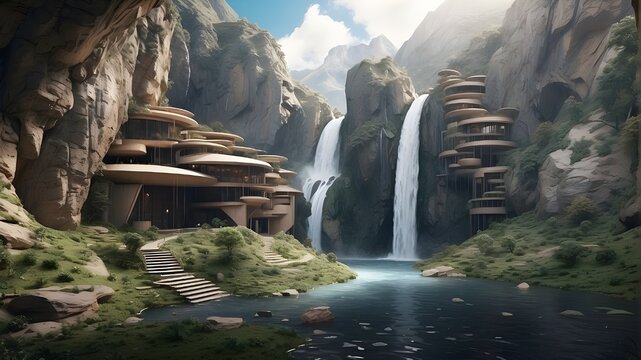 Generative AI hidden hideout amid waterfalls in the mountains
