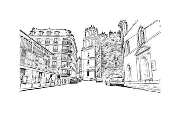 Print Building view with landmark of Rennes is the
City in France. Hand drawn sketch illustration in vector.