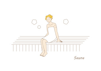 サウナ室でサウナを楽しんでいるサウナ好きの可愛い女性 ととのう サウナ女子 シンプル イラスト ベクター