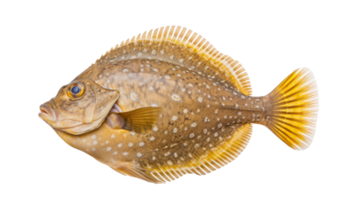A fish is standing upright on its tail fin against a white background